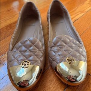 Tory Burch Quilted Tan Flats with Gold Accents